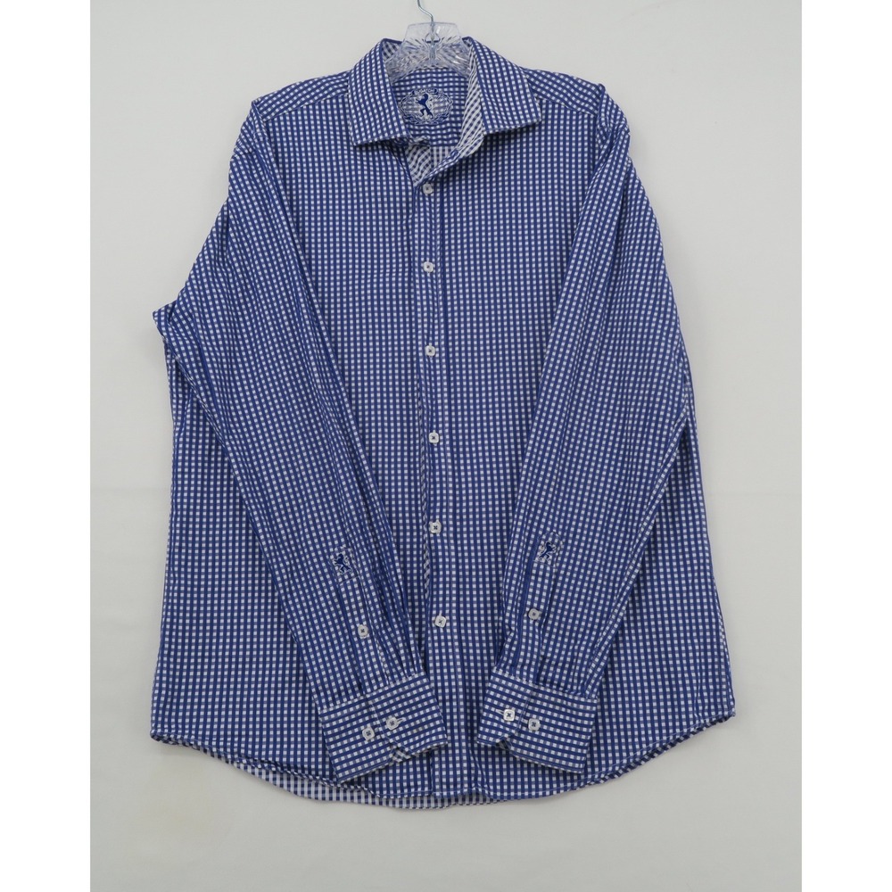 Bugatchi Mens Blue White Gingham Check Long Sleeve Button Down Cotton Shirt